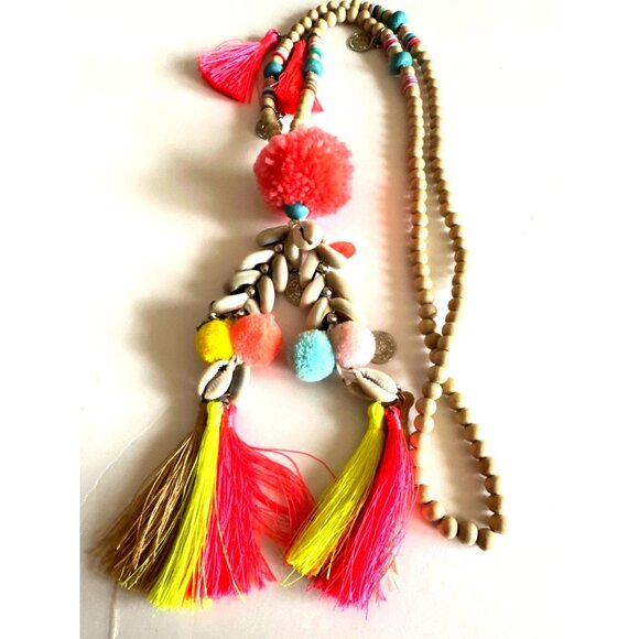 Vibrant Boho Long Tassel Necklace Cowrie Shells Pom Poms Beads Statement - Picture 5 of 9